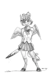 Size: 1000x1382 | Tagged: anthro, artist:baron engel, blood, bloody knife, bow, clothes, cozy glow, derpibooru import, female, grimdark, knife, mare, miniskirt, monochrome, older, older cozy glow, pegasus, pencil drawing, pleated skirt, shoes, simple background, skirt, socks, traditional art, unguligrade anthro, white background