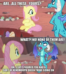 Size: 1920x2160 | Tagged: safe, derpibooru import, edit, edited screencap, screencap, fluttershy, princess ember, alien, dragon, pegasus, pony, xenomorph, sweet and smoky, alien (franchise), blushing, caption, dialogue, dragon egg, dragon lands, dragon lord ember, egg, embarrassed, female, image macro, mare, text, xenomorph queen