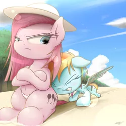 Size: 1900x1900 | Tagged: safe, artist:phoenixrk49, derpibooru import, pinkie pie, rainbow dash, earth pony, pegasus, pony, altered cutie mark, beach, clothes, crossed arms, eyes closed, female, frown, hat, mare, pinkamena diane pie, pushing, sun hat, swimsuit