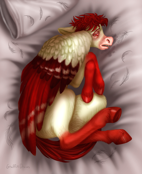 Size: 1600x1956 | Tagged: safe, artist:graffiti, derpibooru import, oc, oc:bloodshot, pegasus, pony, bed, bloodshot eyes, drool, feather, full body, fullbody, hooves, lying down, male, markings, pillow, realistic anatomy, realistic horse legs, realistic wings, red, sheet, sick, side, snot, solo, stallion, two toned wings, underhoof, white, wing markings, wings