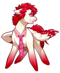 Size: 1219x1486 | Tagged: safe, artist:heartlessspade, derpibooru import, oc, oc:bloodshot, pegasus, pony, accessories, bloodshot eyes, chibi, clothes, crying, fullbody, looking away, looking back, male, markings, messy hair, messy mane, necktie, open mouth, red, red hair, red mane, simple background, solo, stallion, transparent background, two toned wings, wings