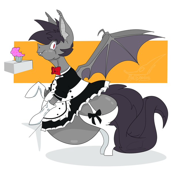 Size: 2580x2450 | Tagged: suggestive, artist:bigcdoodles, derpibooru import, oc, oc:rufus dough, unofficial characters only, bat pony, pony, vampire, vampony, bat pony oc, bat wings, belly, chubby, chubby cheeks, clothes, costume, cupcake, fat, fluffy, food, large belly, looking at you, maid, plump, squishy, stuffed, weight gain, wings