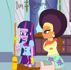 Size: 2000x1970 | Tagged: safe, artist:bigpurplemuppet99, derpibooru import, saffron masala, twilight sparkle, equestria girls, 30 day otp challenge, afro, angry, broom, clothes, equestria girls-ified, female, gloves, kitchen, lesbian, mess, rubber gloves, shipping, twiffron