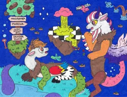 Size: 2155x1648 | Tagged: artist:jamestkelley, bubble, butterfly, chaos, checkerboard, clothes, cloud, colored pencil drawing, conversation, cookie, cup, danger zone, derpibooru import, draconequus, draconequus oc, fish, floating, flying, flying pig, food, hitchhiker's guide to the galaxy, hybrid, ice cream, inside joke, interspecies offspring, lesson, lord of the rings, lying down, marker drawing, oc, oc:bedlam, oc:pandora, octopus, offspring, parent:discord, parents:discolight, parent:twilight sparkle, pig, pond, rain, rainbow trout, safe, shoes, sign, stars, story in the source, stranger things, support, surprised, tea, teacup, teapot, the discord zone, traditional art, tree, unofficial characters only