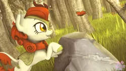 Size: 3840x2160 | Tagged: safe, artist:ivoryquest, derpibooru import, autumn blaze, butterfly, kirin, 3d, awwtumn blaze, cute, female, forest, grass, happy, image, png, rock, scenery, solo, tree