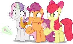 Size: 4541x2769 | Tagged: safe, artist:frownfactory, derpibooru import, apple bloom, scootaloo, sweetie belle, earth pony, pegasus, pony, unicorn, growing up is hard to do, .svg available, bow, cutie mark, cutie mark crusaders, eating, female, food, horn, magic, mare, older, older apple bloom, older scootaloo, older sweetie belle, simple background, svg, the cmc's cutie marks, transparent background, vector, wide eyes, wings