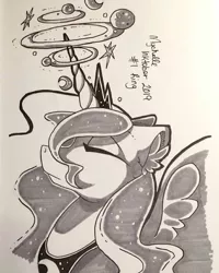 Size: 480x600 | Tagged: safe, artist:mychelle, derpibooru import, princess luna, alicorn, pony, ethereal mane, eyes closed, female, inktober, inktober 2019, mare, monochrome, solo, starry mane, traditional art