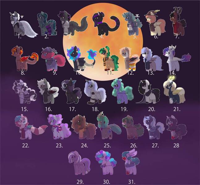 Size: 928x861 | Tagged: safe, artist:midnightamber, derpibooru import, raven, oc, alicorn, bat pony, cat, cat pony, demon, demon pony, draconequus, earth pony, ghost, ghost pony, hengstwolf, insect, original species, pegasus, pony, rabbit, rattlesnake, snake, snake pony, sphinx, spider, undead, unicorn, vampire, werewolf, zombie, zombie pony, adoptable, adopts for sale, animal, black cat, bone, bowtie, bracelet, bugs doing bug things, candlestick, candy, cape, clothes, clown, clown nose, cursed, dapper, devil, devil pony, doll, dress, ear piercing, earring, food, frankenstein, full moon, glasses, grim reaper, hat, jewelry, long mane, long mane male, long tail, mask, messy hair, messy mane, moon, multicolored hair, mummy, murderer, neckless, open adopt, overalls, phobia, piercing, potions, pumpkin, rabbit pony, rattle, ripped sleeves, ripped stockings, scarecrow, scared, scarf, skeleton, skull, slime, slit eyes, snake eyes, snake tounge, socks, spider web, stalker, stockings, suit, sweater, thigh highs, toy, trickster, vest, wax, witch, witch hat, witch pony