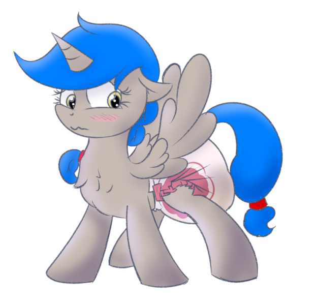 Size: 1280x1227 | Tagged: questionable, artist:zalakir, derpibooru import, oc, oc:sprite, alicorn, pony, alicorn oc, blushing, diaper, diaper fetish, fetish, floppy ears, horn, looking back, messy diaper, poofy diaper, simple background, spread legs, spreading, transparent background, wings