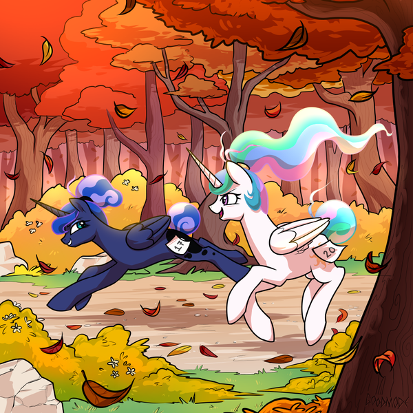 Size: 1000x1000 | Tagged: safe, artist:goodmode, deleted from derpibooru, derpibooru import, princess celestia, princess luna, alicorn, pony, between dark and dawn, 31nightmarechallenge, alternate hairstyle, autumn, cute, cutelestia, duo, duo female, female, forest, leaves, lunabetes, mare, number, ponytail, running, running of the leaves, smiling, tail bun, tree