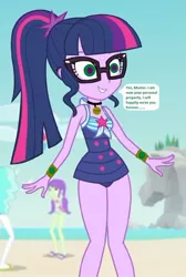 Size: 680x1009 | Tagged: safe, derpibooru import, edit, edited screencap, editor:thomasfan45, screencap, sci-twi, twilight sparkle, equestria girls, equestria girls series, forgotten friendship, 1000 hours in ms paint, beach, bracelet, clothes, collar, cropped, cute, glasses, hypno eyes, jewelry, male, master, mind control, offscreen character, offscreen male, pet tag, ponytail, slave, solo focus, speech bubble, story included, swimsuit