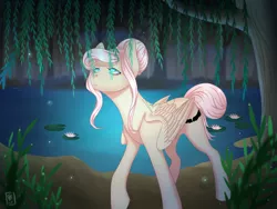 Size: 1600x1200 | Tagged: safe, artist:maria-fly, derpibooru import, oc, oc:mary, unofficial characters only, pegasus, pony, forest, pond, solo