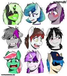 Size: 4093x4685 | Tagged: safe, artist:jcosneverexisted, derpibooru import, oc, oc:ashley skys, oc:creative flair, oc:delta, oc:menthol autumn, oc:moonshot, oc:ocelot, oc:pepper, oc:serenity, oc:shooting spark, unofficial characters only, bat pony, pony, blushing, crying, female, floppy ears, male, mare, simple background, stallion, sunglasses, transparent background