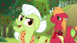 Size: 1920x1080 | Tagged: safe, derpibooru import, screencap, big macintosh, granny smith, going to seed, apple, apple tree, fence, food, tree