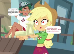 Size: 914x673 | Tagged: safe, derpibooru import, edit, edited screencap, editor:thomasfan45, screencap, applejack, timber spruce, equestria girls, equestria girls series, turf war, 1000 hours in ms paint, applejack's hat, beach, beach chair, bracelet, cap, cowboy hat, cropped, feet, hat, hypno eyes, jewelry, lifeguard, lifeguard applejack, lifeguard shack, lifeguard timber, male, male feet, mantra, mind control, obedience, sandals, solo, speech bubble, story included, tech control