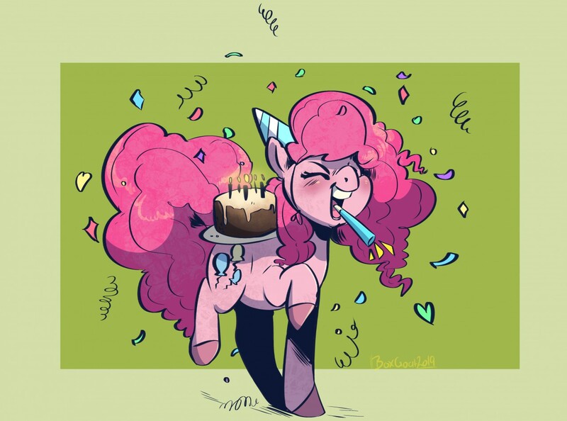 Size: 1280x951 | Tagged: safe, artist:boxgoat, artist:mangoicy, derpibooru import, pinkie pie, earth pony, pony, abstract background, birthday cake, blushing, cake, candle, colored hooves, confetti, cute, diapinkes, eyes closed, female, food, heart, mare, open mouth, smiling, solo, streamers