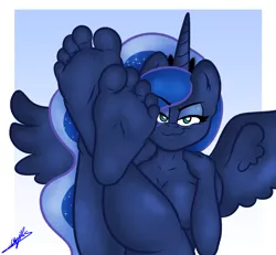 Size: 1974x1822 | Tagged: alicorn, anthro, artist:benjipaws, barefoot, breasts, covering, derpibooru import, feet, female, fetish, foot fetish, foot focus, mare, nudity, plantigrade anthro, princess luna, smiling, soles, solo, suggestive, toes
