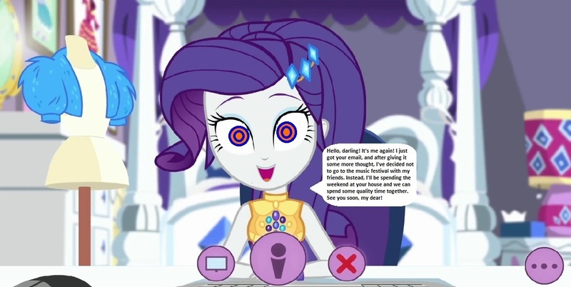 Size: 1190x598 | Tagged: safe, derpibooru import, edit, edited screencap, editor:thomasfan45, screencap, rarity, equestria girls, equestria girls series, festival looks, 1000 hours in ms paint, bare arms, brainwashing, cute, darling, happy, hypno eyes, mind control, music festival outfit, offscreen character, slave, smiling, solo, speech bubble, story included, swirly eyes, tech control, webcam