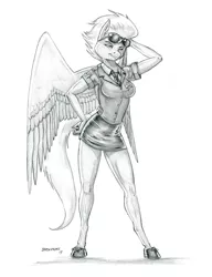 Size: 1000x1303 | Tagged: anthro, artist:baron engel, clothes, derpibooru import, female, fleetfoot, goggles, large wings, legs, looking at you, mare, miniskirt, monochrome, patreon, patreon reward, pegasus, pencil drawing, safe, shoes, simple background, skirt, solo, thighs, traditional art, unguligrade anthro, uniform, white background, wings