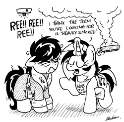 Size: 1600x1571 | Tagged: safe, artist:bobthedalek, derpibooru import, octavia melody, vinyl scratch, earth pony, pony, unicorn, angry, bathrobe, bed mane, black and white, burned food, clothes, duo, female, fire alarm, frying pan, grayscale, ink drawing, inktober, inktober 2019, kiss the cook, magic, mare, monochrome, octavia is not amused, reeee, robe, simple background, smoke, smoke alarm, smoke detector, telekinesis, this will end in pain, traditional art, unamused, white background
