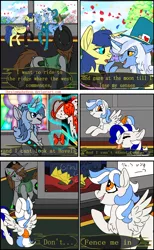 Size: 1920x3125 | Tagged: safe, artist:brainiac, derpibooru import, fiddlesticks, sunny skies, oc, oc:borderline, oc:cherub, oc:littlepip, oc:sereph, alicorn, pegasus, pony, unicorn, comic:fallout equestria: stained glass, fallout equestria, apple family member, female, mare, song reference, text