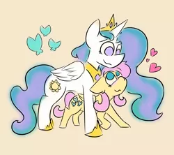 Size: 4500x4000 | Tagged: safe, artist:antimationyt, derpibooru import, fluttershy, princess celestia, alicorn, butterfly, pegasus, pony, blushing, duo, female, floppy ears, flutterlestia, folded wings, heart, height difference, lesbian, looking at each other, looking down, looking up, mare, no pupils, shipping, simple background, smiling, standing, standing over, wings