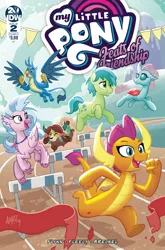 Size: 825x1252 | Tagged: artist:tonyfleecs, derpibooru import, gallus, hurdle, idw, obstacle course, ocellus, safe, sandbar, silverstream, smolder, spoiler:comic, spoiler:comicfeatsoffriendship02, student six, yona