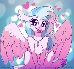 Size: 1280x1200 | Tagged: artist:greenlinzerd, beautiful, classical hippogriff, colored hooves, cute, derpibooru import, diastreamies, female, fluffy, heart, heart eyes, hippogriff, human shoulders, jewelry, looking at you, looking away, necklace, safe, silverstream, sitting, smiling, solo, spread wings, unshorn fetlocks, wingding eyes, wings