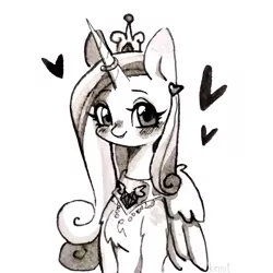 Size: 1000x1000 | Tagged: safe, artist:kirinit, derpibooru import, princess cadance, alicorn, pony, blushing, chest fluff, crown, cute, cutedance, female, heart, horn, horn ring, inktober, inktober 2019, jewelry, mare, monochrome, painting, peytral, regalia, ring, simple background, solo, traditional art, white background