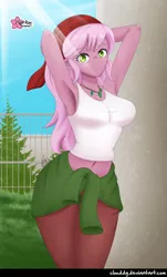 Size: 1076x1779 | Tagged: safe, artist:clouddg, derpibooru import, raspberry lilac, equestria girls, armpits, background human, belly button, breasts, busty raspberry lilac, clothes, digital art, female, jewelry, looking at you, midriff, necklace, signature, solo, tanktop