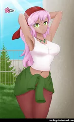 Size: 1076x1779 | Tagged: safe, alternate version, artist:clouddg, derpibooru import, raspberry lilac, human, equestria girls, arm behind head, armpits, background human, bandana, belly button, breasts, busty raspberry lilac, clothes, crepuscular rays, female, humanized, midriff, solo, tanktop