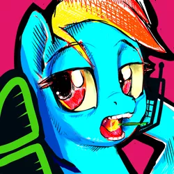 Size: 1440x1440 | Tagged: safe, artist:docwario, derpibooru import, rainbow dash, pony, bust, call, calling, candy, dashtober, food, lidded eyes, lollipop, open mouth, portrait, solo