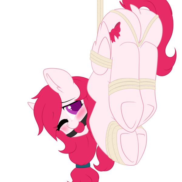 Size: 3100x3100 | Tagged: suggestive, artist:xcinnamon-twistx, derpibooru import, oc, oc:manta, unofficial characters only, pegasus, pony, ballgag, bdsm, bondage, commission, gag, looking at you, one eye closed, rigged, rope bunny, scrunchie, simple background, solo, tied hair, tied up, transparent background, ych result