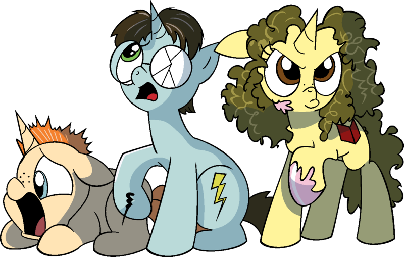 Size: 1381x878 | Tagged: safe, artist:vgc2001, derpibooru import, ponified, pony, unicorn, spoiler:comic, book, broken glasses, colt, female, filly, freckles, harry potter, hermione granger, lightning, male, ron weasley, scared, spell, wand