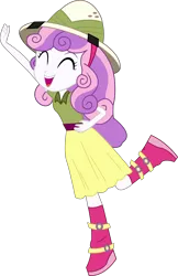 Size: 4422x6828 | Tagged: safe, artist:marcorois, derpibooru import, sweetie belle, eqg summertime shorts, equestria girls, the canterlot movie club, absurd resolution, boots, clothes, cute, diasweetes, eyes closed, female, hat, open mouth, pith helmet, raised leg, shoes, simple background, solo, transparent background, vector