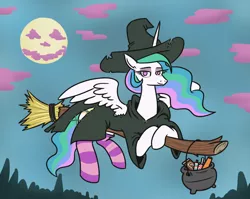 Size: 1096x872 | Tagged: safe, artist:jargon scott, derpibooru import, princess celestia, alicorn, pony, broom, candy, cauldron, clothes, costume, female, flying, flying broomstick, food, full moon, halloween, halloween costume, holiday, mare, moon, socks, solo, striped socks, witch