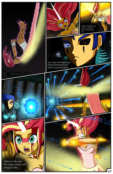 Size: 2331x3600 | Tagged: safe, artist:artemis-polara, derpibooru import, flash sentry, sunset shimmer, comic:a battle to save a possessed soul, equestria girls, arm cannon, armor, armpits, aura, beam, bleeding, blocking, blood, breasts, cleavage, clothes, comic, commission, corrupted, danger, dark samus, daydream shimmer, defending, destruction, devastation, dress, electrified, electrocution, energy weapon, explosion, falling, fear, female, fight, forest, guarding, horn, injured, magic, male, metroid, night, pain, phazon, possessed, red eye, scared, serious, serious face, shocked expression, tree, weapon