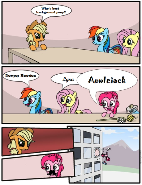 Size: 682x891 | Tagged: safe, derpibooru import, applejack, fluttershy, pinkie pie, rainbow dash, earth pony, pegasus, pony, background pony applejack, defenestration, employer meme, exploitable meme, female, mare, meme, ponified meme