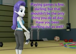 Size: 1514x1073 | Tagged: safe, artist:pika-robo, derpibooru import, rarity, equestria girls, 3d, ass, boobs and butt pose, butt, fitness, gym, looking back, purple text, rearity, source filmmaker, talking to viewer, text, towel, wii fit trainer