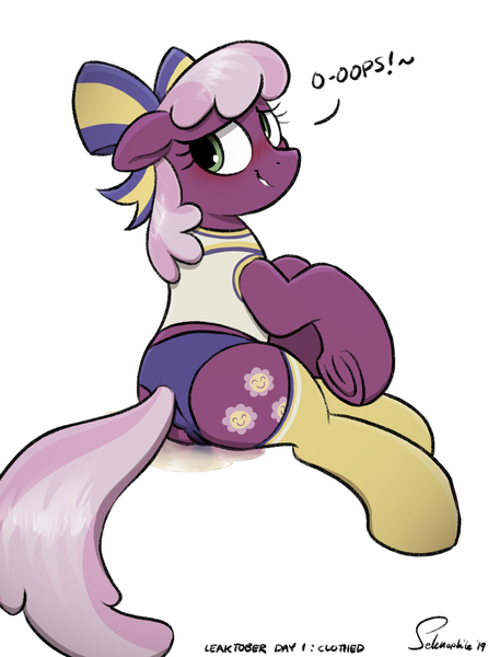 Size: 2614x3520 | Tagged: suggestive, artist:selenophile, derpibooru import, cheerilee, earth pony, pony, blushing, bow, clothes, dialogue, fetish, leaktober, leaktober 2019, looking back, panties, pissing, socks, solo, text, underhoof, underwear, urine, watersports, wetting
