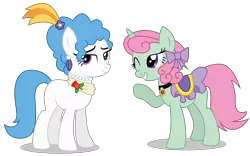 Size: 8200x5117 | Tagged: safe, artist:dragonchaser123, derpibooru import, majesty (g4), strawberry lime, earth pony, pony, unicorn, absurd resolution, blank flank, bow, choker, clothes, duo, ear piercing, earring, female, flower, flower in hair, hair bow, jewelry, mare, necklace, piercing, saddle, simple background, skirt, tack, transparent background, vector