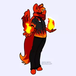 Size: 5043x5042 | Tagged: alternate version, anthro, artist:sketchy sketchu, derpibooru import, fire, guy fieri, male, oc, oc:burning inferno, pegasus, pegasus oc, plantigrade anthro, pyromancer, pyromancy, safe, simple background, solo, unofficial characters only, white background, wings