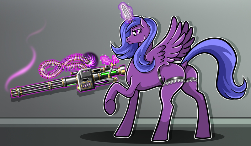 Size: 2800x1626 | Tagged: safe, artist:wangkingfun, derpibooru import, oc, oc:lacunae, unofficial characters only, alicorn, pony, unicorn, fallout equestria, fallout equestria: project horizons, fanfic, alicorn oc, artificial alicorn, butt, dock, fanfic art, female, glowing horn, gun, hooves, horn, levitation, magic, mare, minigun, plot, purple alicorn (fo:e), raised hoof, scope, solo, spread wings, telekinesis, weapon, wings