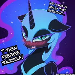 Size: 750x750 | Tagged: safe, artist:lumineko, derpibooru import, nightmare moon, alicorn, pony, armor, blushing, cute, dialogue, fangs, female, horn, imminent hugs, looking at you, mare, moonabetes, open mouth, solo, tsundere, tsundere moon