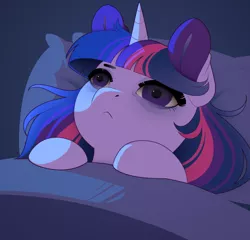 Size: 1000x959 | Tagged: safe, artist:evehly, derpibooru import, twilight sparkle, twilight sparkle (alicorn), alicorn, pony, :c, bags under eyes, bed, bedsheets, female, frown, insomnia, mare, on bed, pillow, sad, solo, tired