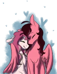 Size: 789x1013 | Tagged: safe, artist:snowolive, derpibooru import, oc, unofficial characters only, pegasus, pony, abstract background, chest fluff, eyes closed, female, floppy ears, heart, lesbian, mare, oc x oc, shipping, sitting, smiling