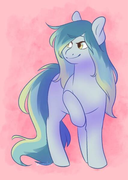 Size: 753x1061 | Tagged: safe, artist:snowolive, derpibooru import, oc, unofficial characters only, earth pony, pony, abstract background, commission, female, hair over one eye, long tail, mare, raised hoof, smiling, solo