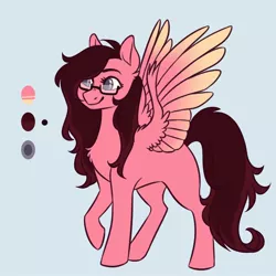 Size: 894x894 | Tagged: safe, artist:snowolive, derpibooru import, oc, oc:ruby, unofficial characters only, pegasus, pony, blank flank, blue background, chest fluff, colored wings, female, glasses, mare, raised hoof, reference sheet, simple background, smiling, solo, spread wings, wings