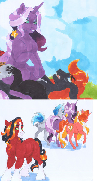 Size: 2550x4733 | Tagged: safe, artist:frozensoulpony, derpibooru import, oc, oc:arkansas black, oc:merrilee, oc:pixie royal, oc:red baroness, unofficial characters only, earth pony, pegasus, pony, unicorn, female, male, mare, offspring, parent:applejack, parent:big macintosh, parent:chancellor neighsay, parent:cheerilee, parent:coloratura, parent:doctor stable, parent:jet set, parent:spoiled rich, parents:applejet, parents:raramac, stallion