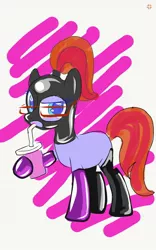 Size: 800x1280 | Tagged: source needed, suggestive, artist:drunken bubblez, deleted from derpibooru, derpibooru import, oc, pony, clothes, drink, female, glasses, hood, latex, latex socks, mare, socks, solo